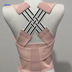 Posture corrector in pink color option, showing the full brace design and adjustable strap system.