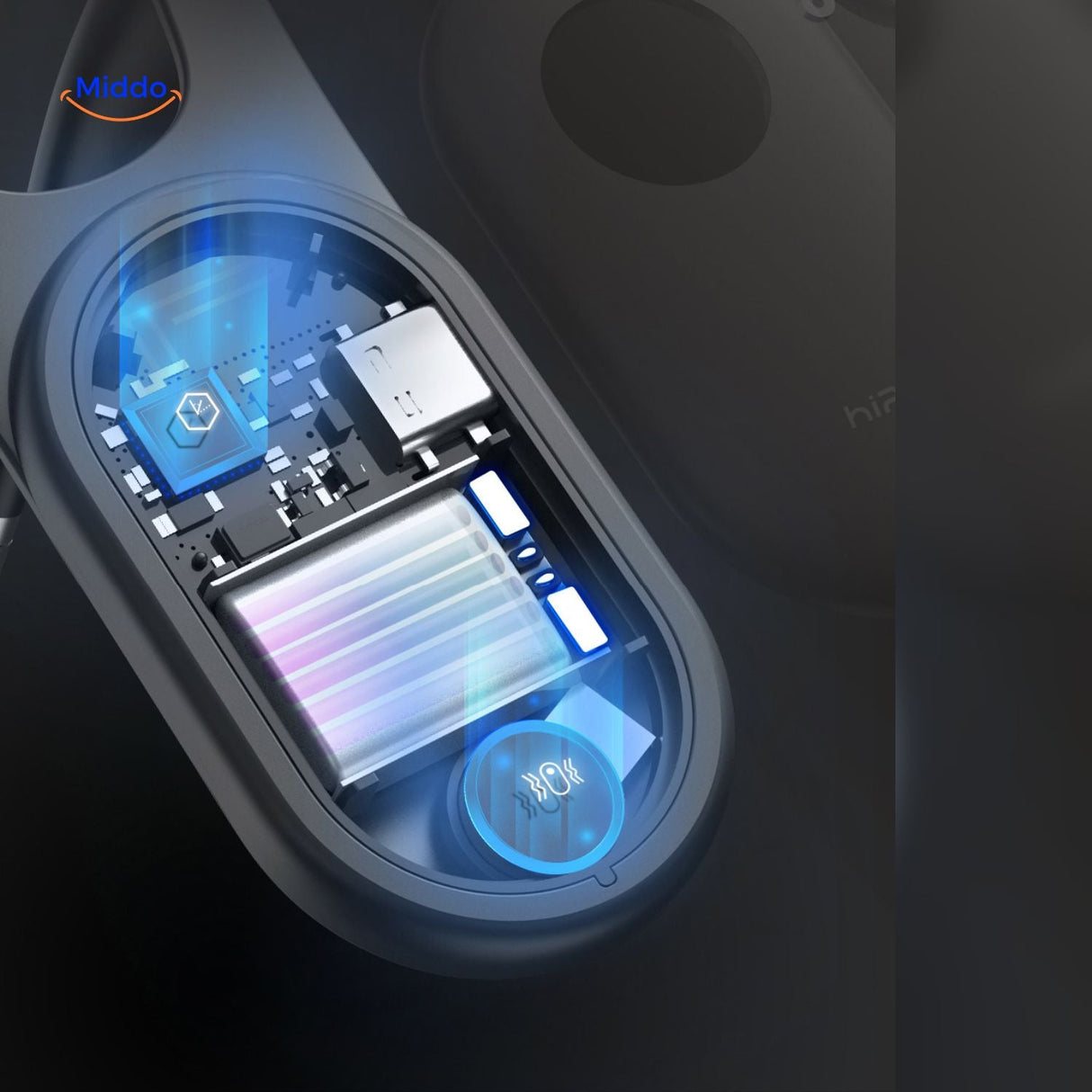 Interior smart technology of posture corrector showing battery and chipset components.