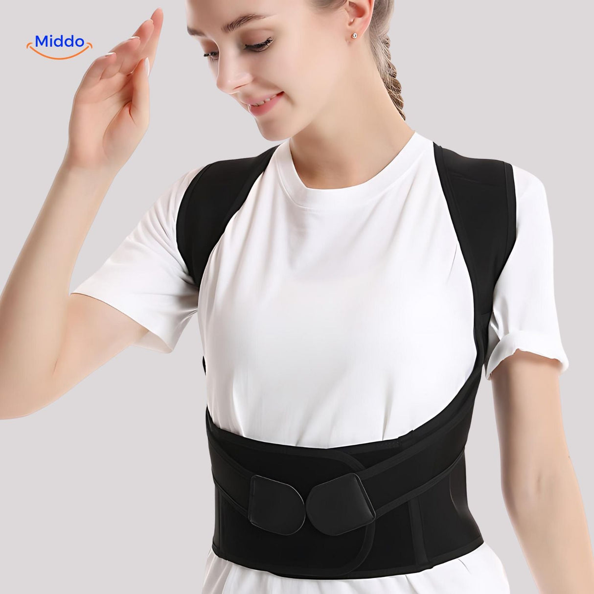 Back support brace demonstrating spinal alignment correction and upright posture improvement.