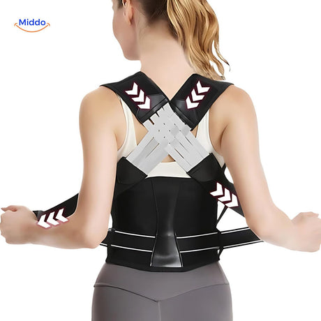 Woman wearing posture corrector in a lifestyle setting, showcasing comfortable all-day back support.