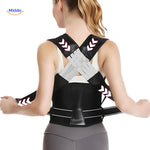 Woman wearing posture corrector in a lifestyle setting, showcasing comfortable all-day back support.