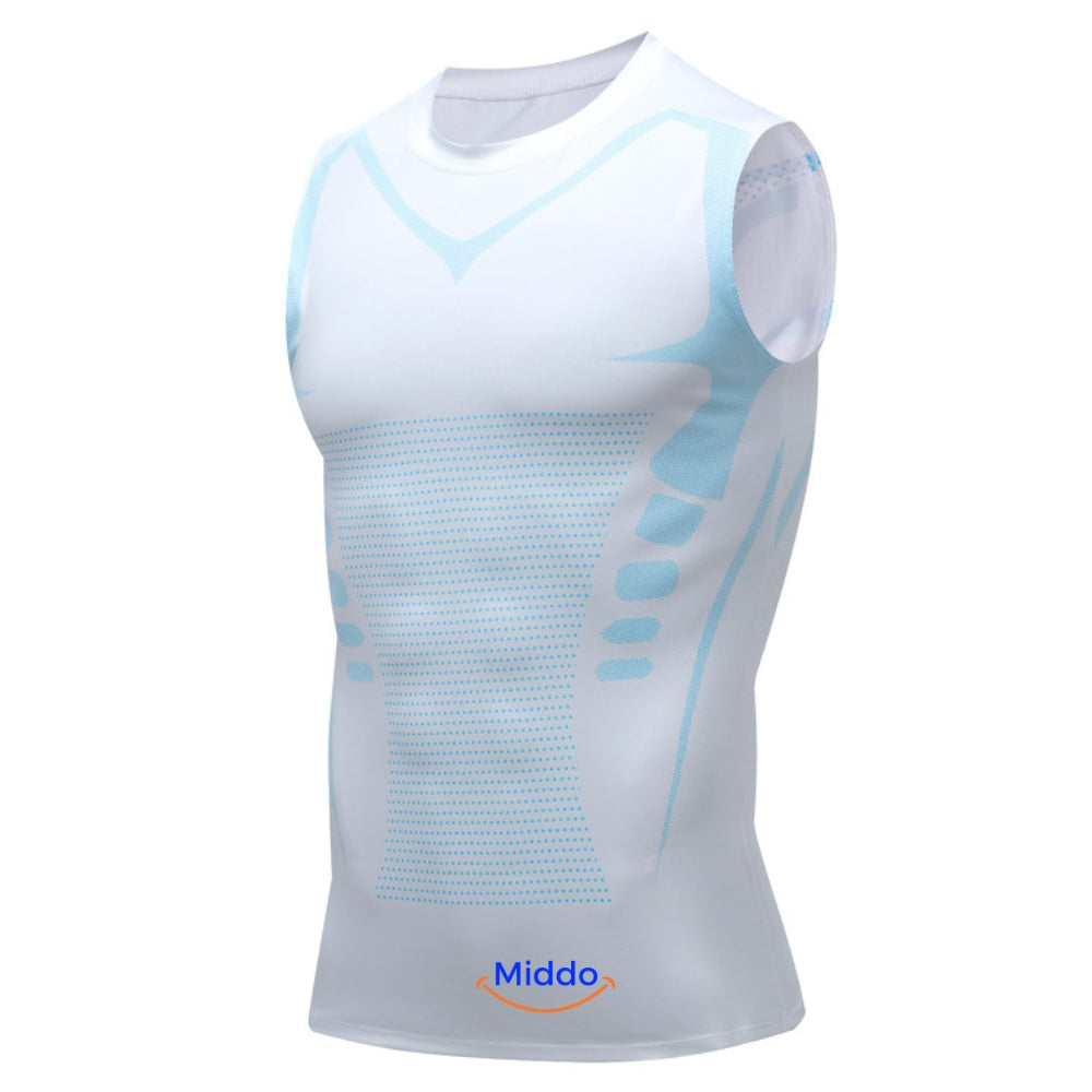 White and blue VitaBoost PowerVest compression undershirt designed for lean appearance and muscle definition.