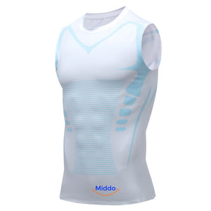White and blue VitaBoost PowerVest compression undershirt designed for lean appearance and muscle definition.