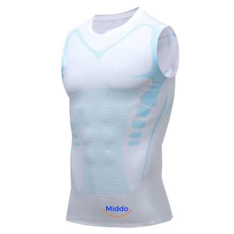 White and blue VitaBoost PowerVest compression undershirt designed for lean appearance and muscle definition.