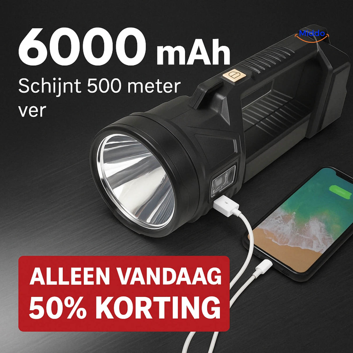 PowerBeam rechargeable flashlight showing sleek design and powerful illumination.