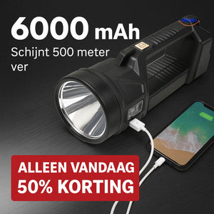 PowerBeam rechargeable flashlight showing sleek design and powerful illumination.