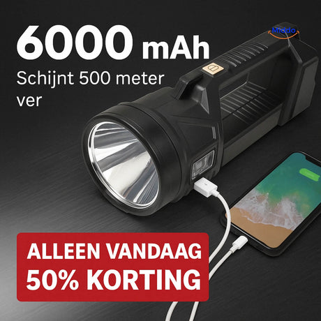 PowerBeam rechargeable flashlight showing sleek design and powerful illumination.