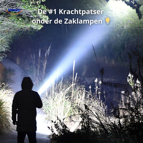 PowerBeam LED searchlight with 500m ultra-bright beam and rechargeable power bank.