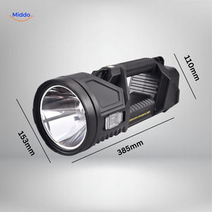 PowerBeam LED searchlight with compact ergonomic design and detailed dimensions shown.