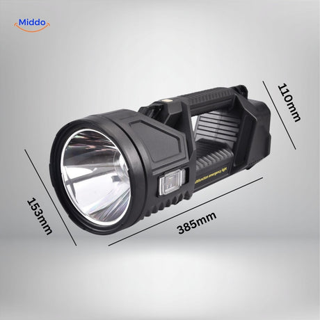 PowerBeam LED searchlight with compact ergonomic design and detailed dimensions shown.