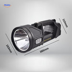 PowerBeam LED searchlight with compact ergonomic design and detailed dimensions shown.