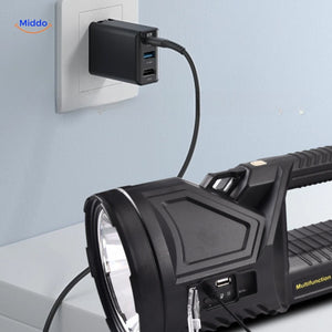 PowerBeam rechargeable searchlight with convenient wall charging for extended use.
