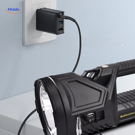 PowerBeam rechargeable searchlight with convenient wall charging for extended use.