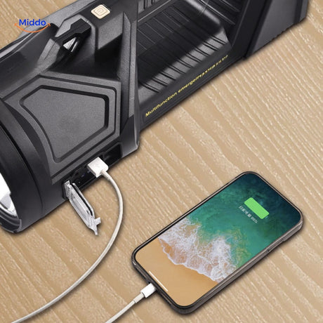 PowerBeam searchlight with USB charging function to power phones and mobile devices.