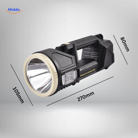 PowerBeam searchlight with solar panel for extended operation and eco-friendly charging.