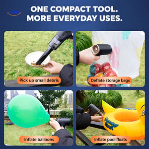 TurboVacuum 2.0 Pro shown picking up debris, deflating a bag, and inflating small items.