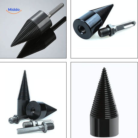 Wood splitting drill bit detailed view showing cutting edges and precision engineering.