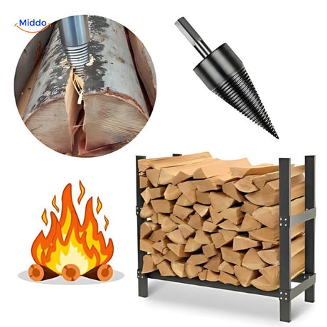 Wood splitting drill bit in action, splitting logs efficiently for firewood preparation.