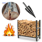 Wood splitting drill bit in action, splitting logs efficiently for firewood preparation.