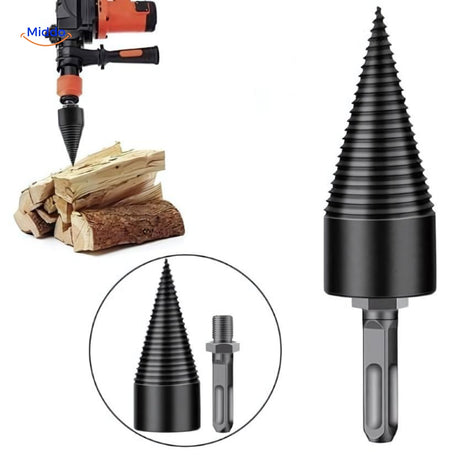 PowerSplit wood splitting drill bit with powerful motor for fast firewood splitting.