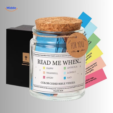 WishHeart prayer jar with bible verses displayed in clear glass with cork closure.
