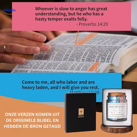Woman reading open bible with highlighted verses, featuring prayer jar collection.