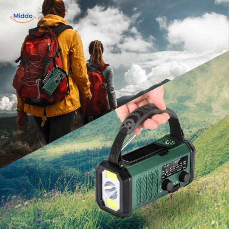 Preparedness emergency radio with USB charging and hand crank backup power.