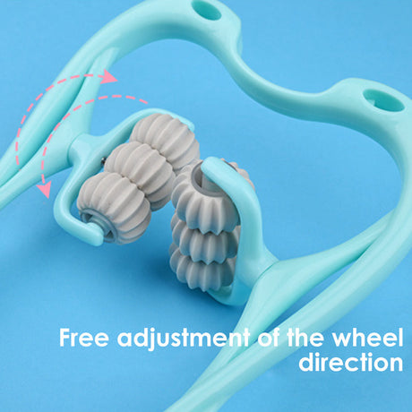 Light blue 6-wheel neck massager with ergonomic grip for tension release.