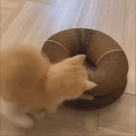 Cardboard cat scratcher in action with cat scratching and playing.