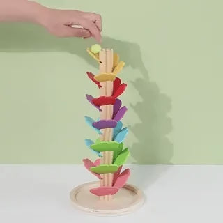 Complete wooden ball run tree overview showing colorful construction.