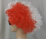 Red and white curly party fan wig for sports event celebration.