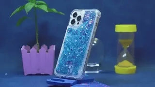 GlowSand phone case blue glitter liquid with sparkle glow-in-dark effect.