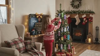 Energy drink advent calendar and mini cans displayed under a Christmas tree.