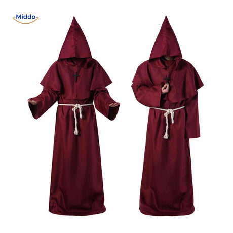 Priest clergy hooded costume in traditional religious garment style.