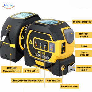 ProMeasure controls and features with 197 ft laser and 16.4 ft tape