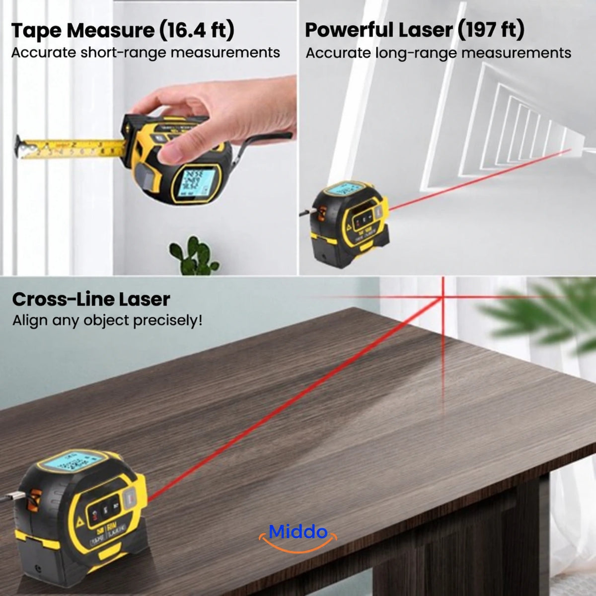 ProMeasure tape measure and 197 ft laser with cross-line leveling