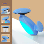 Pull-out LED bathroom faucet in blue finish with hot and cold water control.