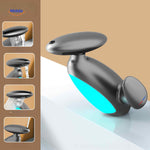 Pull-out LED bathroom faucet in dark gray finish with swiveling spout.
