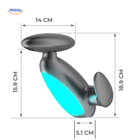 Size chart with labeled dimensions for the pull-out LED bathroom faucet in matte black.