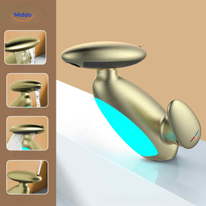 Pull-out LED bathroom faucet in gold finish with swivel spout and LED lighting.