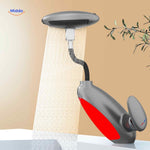 Pull-out bathroom faucet with retractable gray and red hand shower spray head extended.