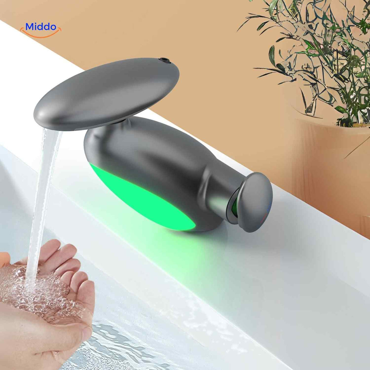 Pull-out LED faucet with green temperature-indicator light glowing during water flow.
