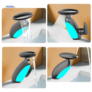 Pull-out LED bathroom faucet in matte black finish with single-lever control.