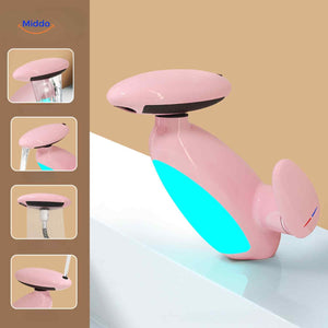Pull-out LED bathroom faucet in pink finish with swiveling spout and mood lighting.