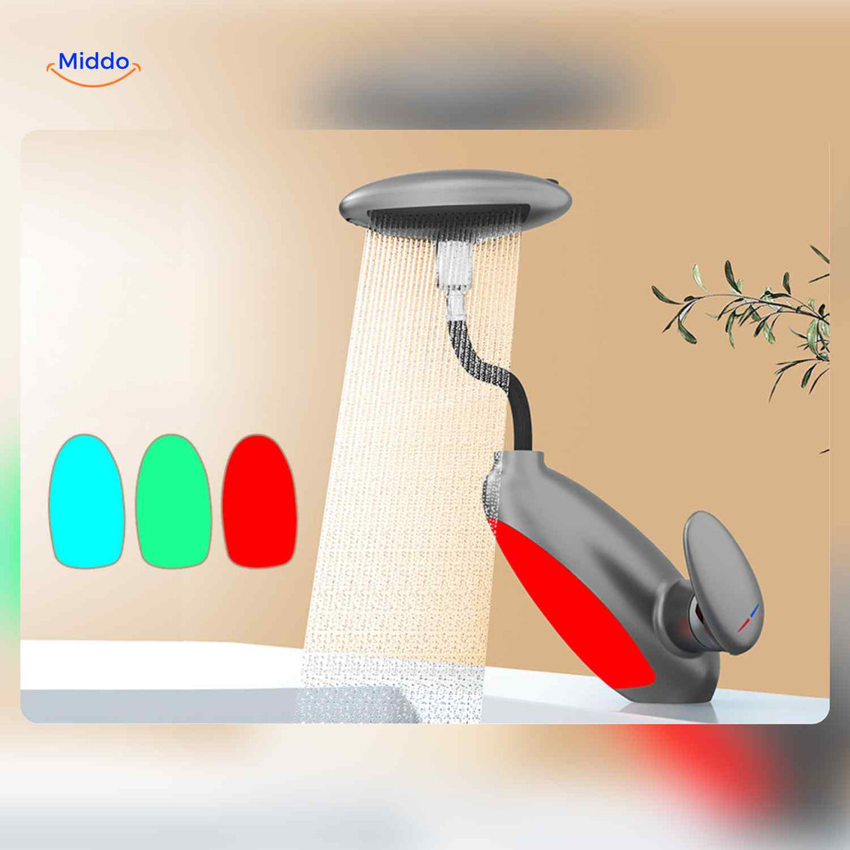 Pull-out faucet with hand shower demonstrating red, green, and blue LED color modes.