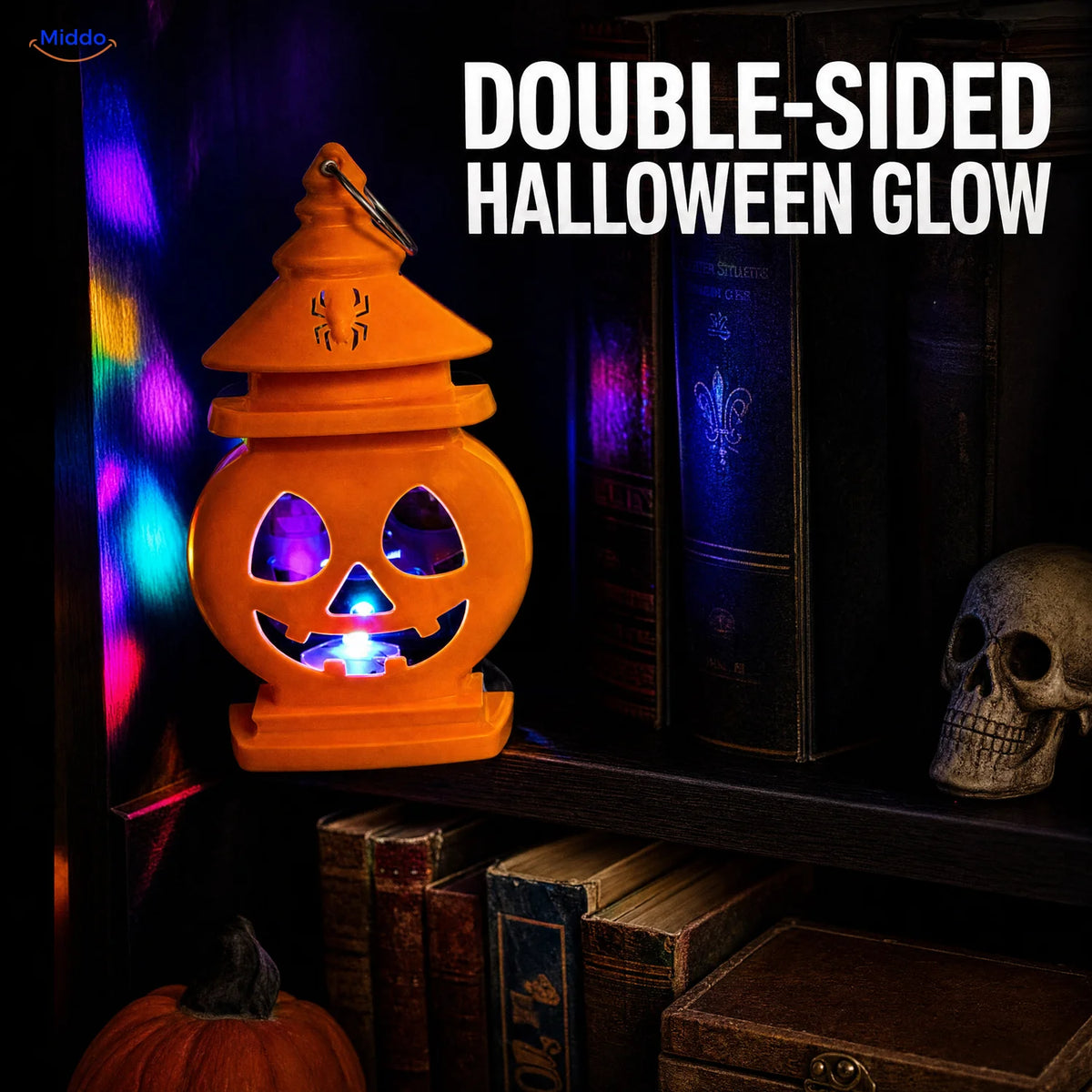 PumpkinGlow™ double-sided castle pumpkin lantern with multicolor glow