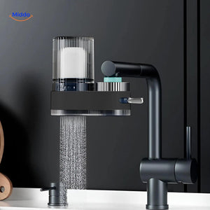 PureFlow faucet in blue highlighting the water filtration process.