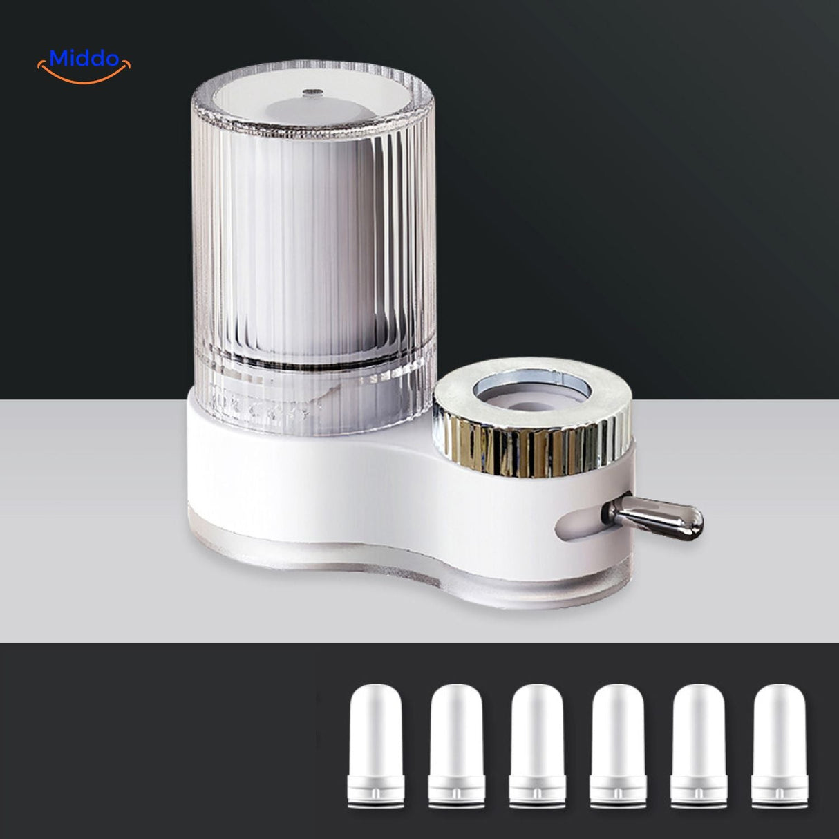 Gray PureFlow faucet with replaceable white water filter component.