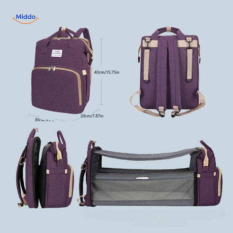 Purple diaper backpack with foldable bassinet and available size measurements.