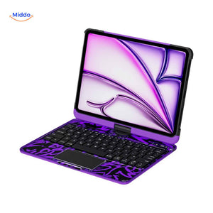 Purple Bluetooth keyboard case with integrated iPad holder.
